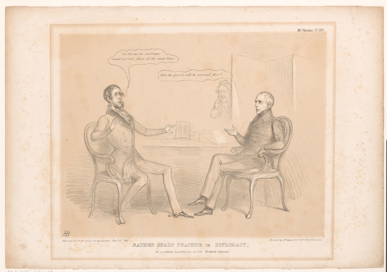 Spotprent op koninklijke huwelijken Temmelig skarp praksis i diplomati, eller en nysgerrig illustration af Entente Cordiale (titel på objekt) HB Sketches (serietitel på objekt) af John Doyle