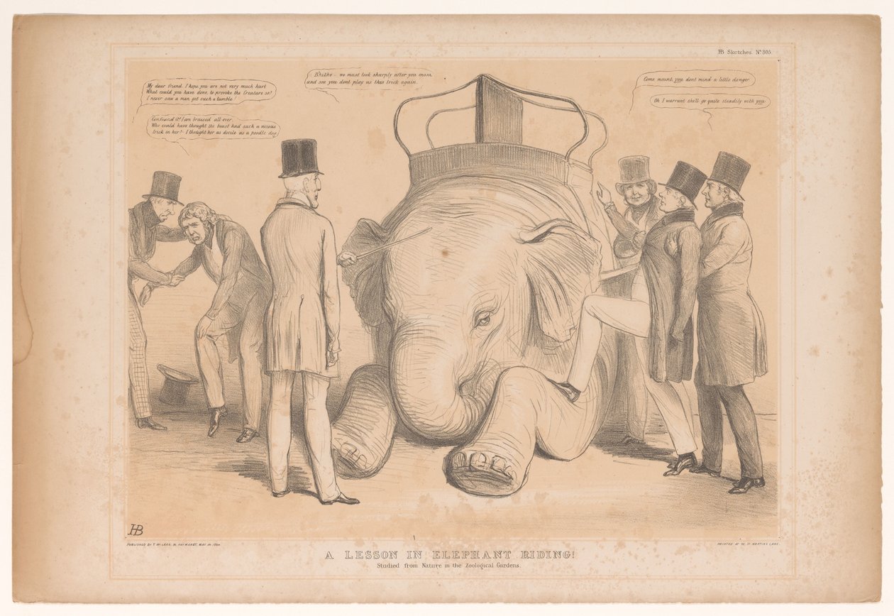 Spotprent over de aanstelling af Henry Hardinge som guvernør i Indien En lektion i elefantridning! Studeret fra Nature in the Zoological Gardens (titel på objekt) HB Sketches (serietitel på objekt) af John Doyle