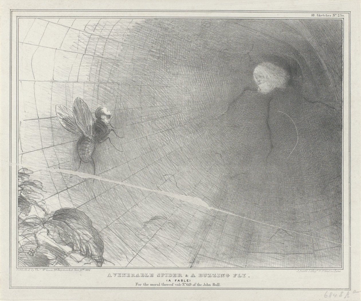 Talleyrand als een spin in zijn web, 1832 En ærværdig edderkop og en summende flue. (En fabel) (titel på objekt) Politiske skitser (serietitel) af John Doyle