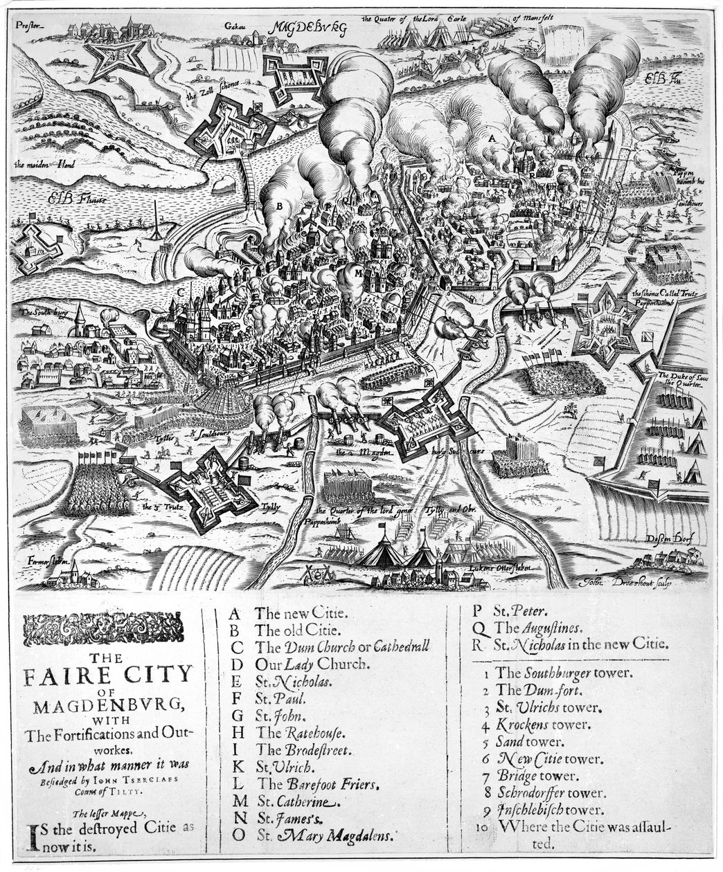 Faire City of Magdenburg, med befæstninger og udbygninger. Og på hvilken måde blev det belejret af John Tserclaes greve af Tilty, 1631 af John Droeshout