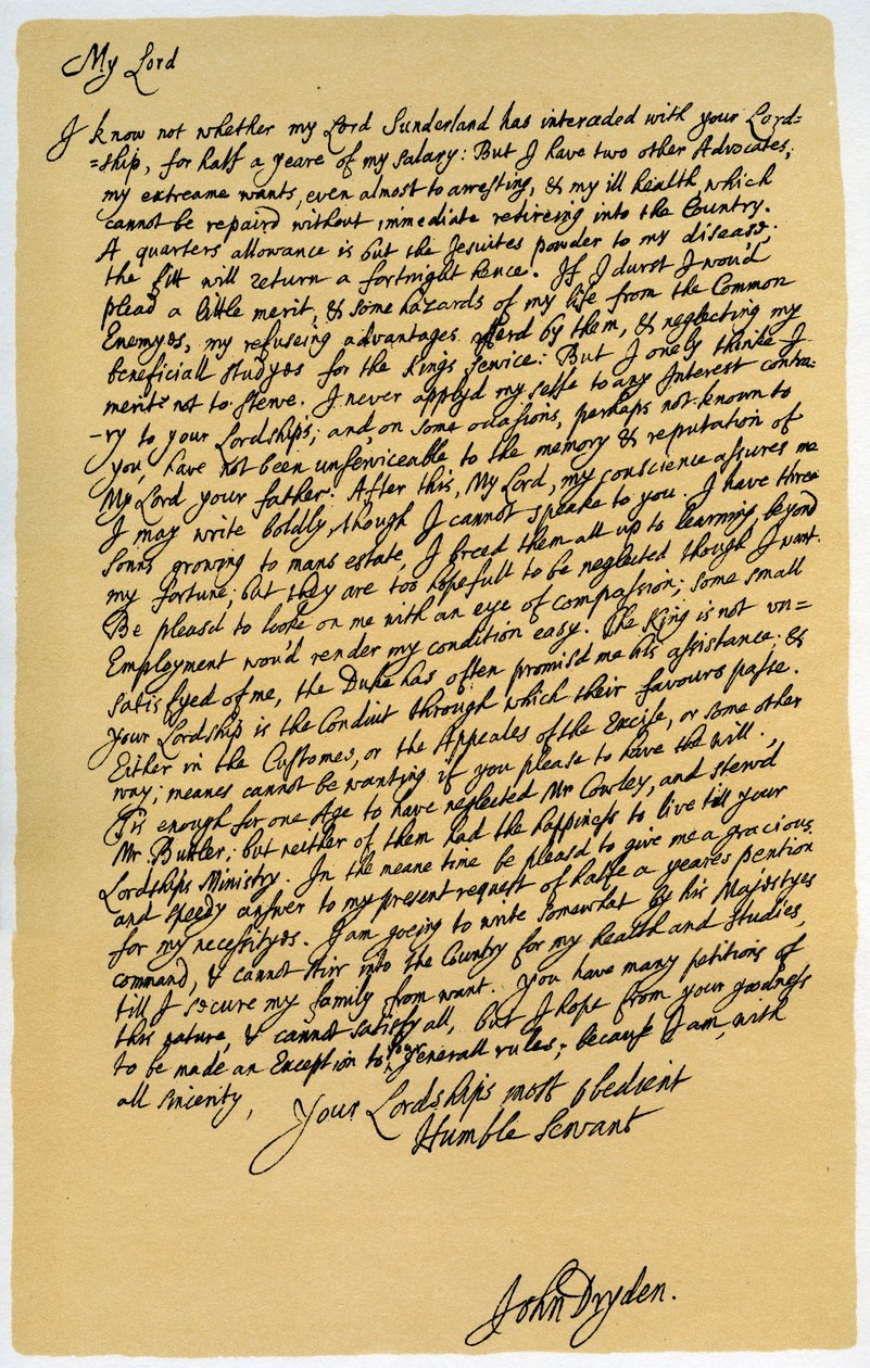 Brev fra John Dryden til Laurence Hyde, c1682-1683. af John Dryden