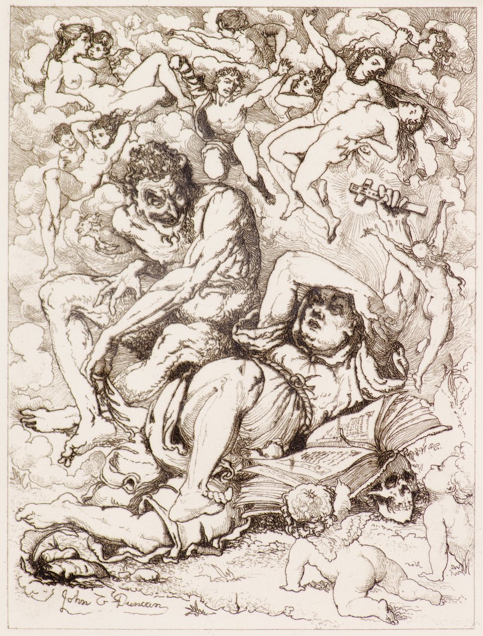 Liggende figur holder kors, djævelen sidder i nærheden omgivet af flydende figurer (ætsning) af John Duncan
