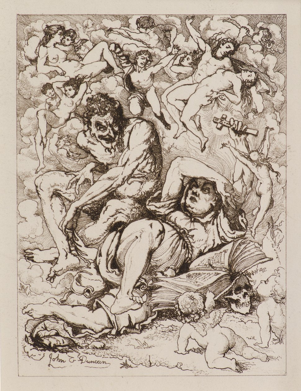 Liggende figur holder kors, djævelen sidder i nærheden omgivet af flydende figurer (ætsning) af John Duncan