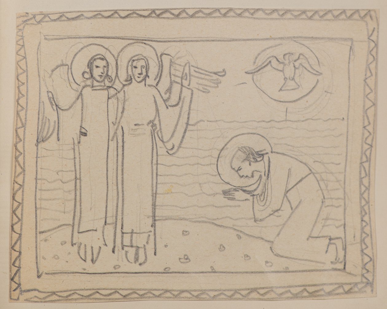 Uden titel [Knælende figur og to engle] (blyant) af John Duncan