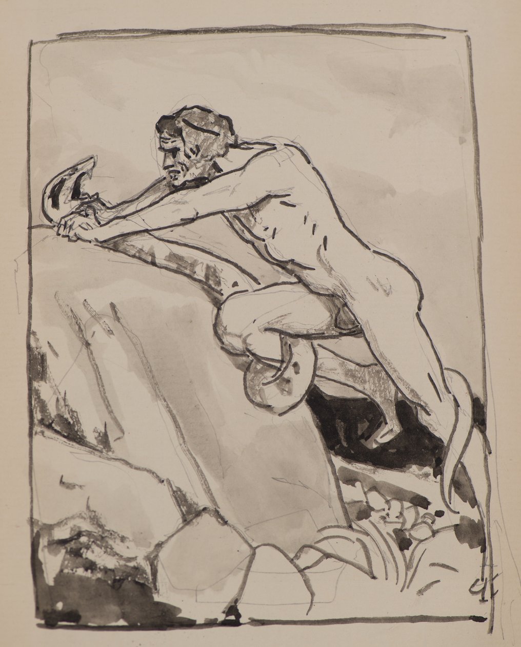 Uden titel [Man wrestling a snake] (akvarel) af John Duncan