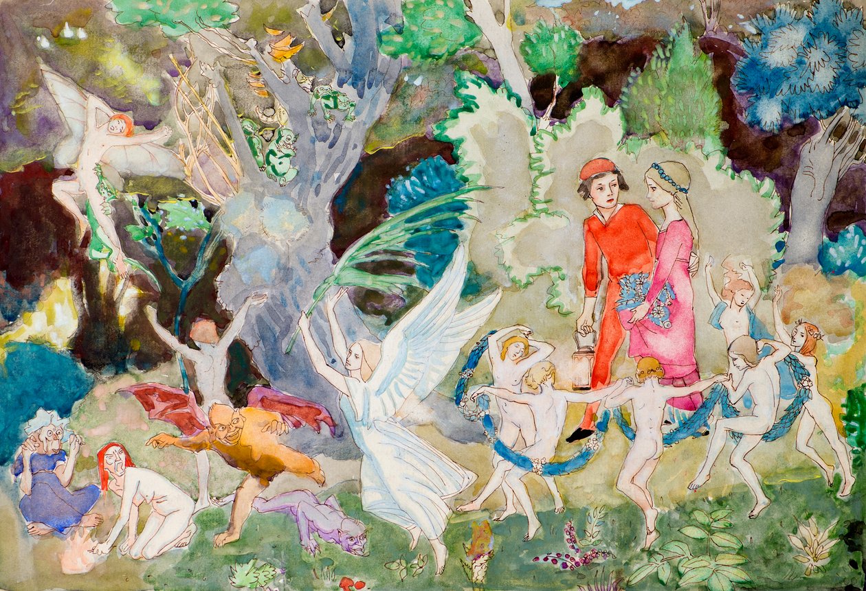 Yorinda og Yoringel i hekseskoven (akvarel) af John Duncan