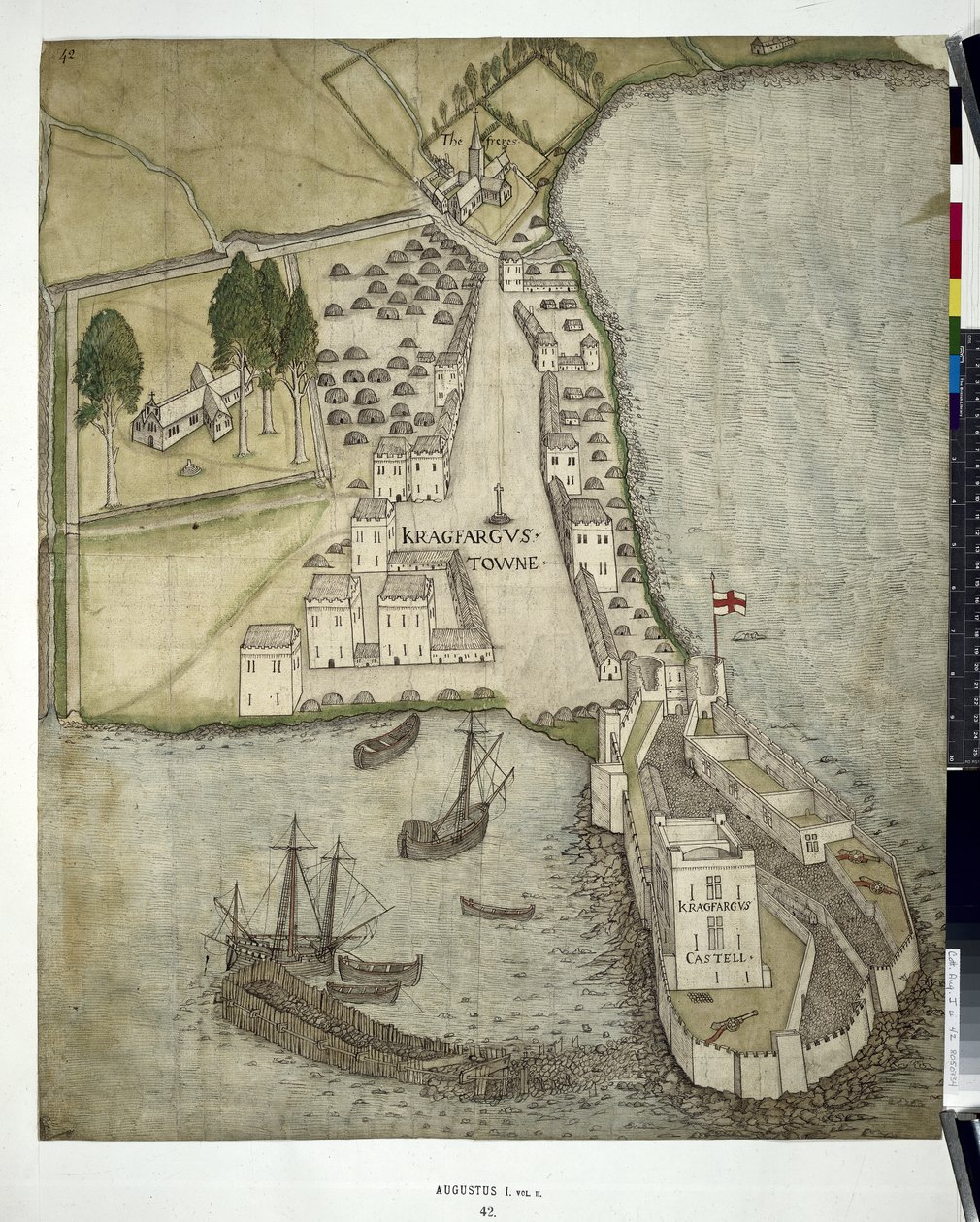 Bomuld MSS Augustus I ii 41 Plan af Carrickfergus (Co. Antrim) 1612 (pen & blæk med vask på papir) af John Dunstall