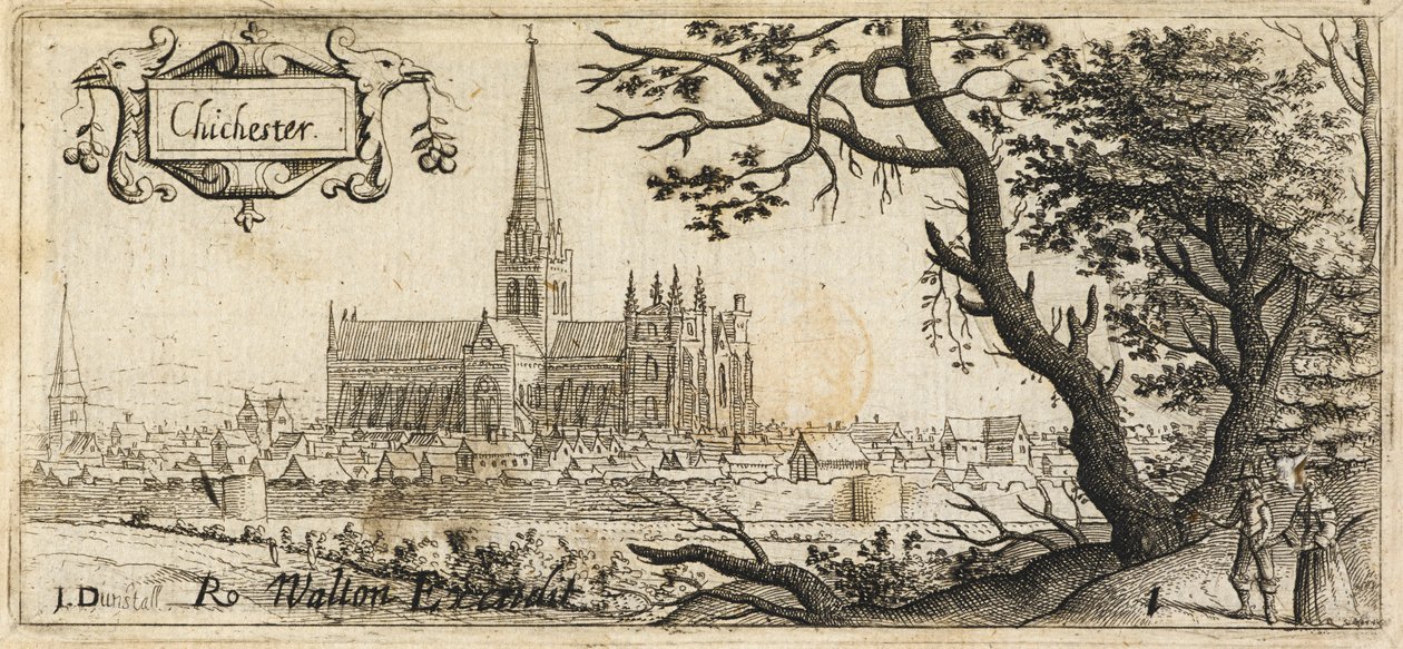 To figurer, der står ved et stort træ på højre side i forgrunden; byen Chichester i det fjerne; bymurene løber gennem scenen; Chichester Cathedral i midten af billedet, ca. 1660 (radering) af John Dunstall
