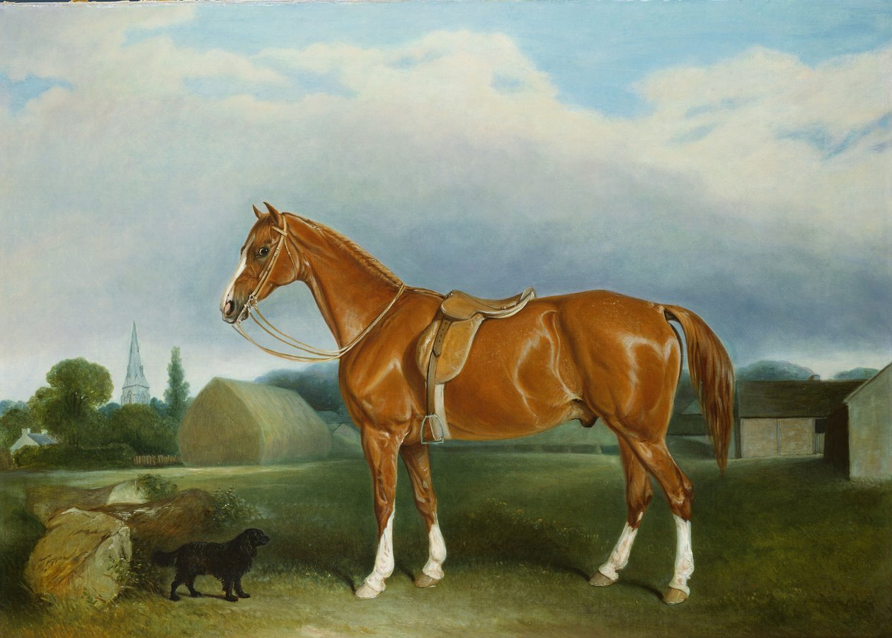 En kastanjejæger og en spaniel ved landbrugsbygninger af John E. Ferneley