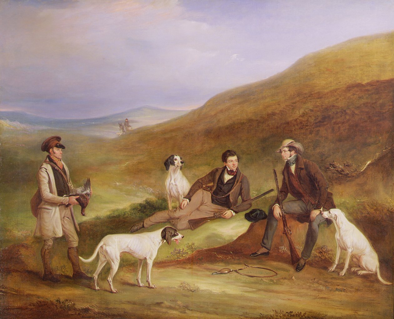 Edward Horner Reynard og hans bror, George, ryper skyder med målmanden, Tully Lamb, i Middlesmoor, Yorkshire af John E. Ferneley