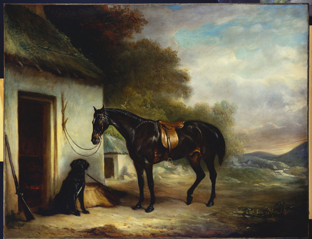 Mr. Stuarts yndlingsjæger, Vagabond og hans flatcoated retriever, Nell, ved en hyttedør, 1867 af John E. Ferneley
