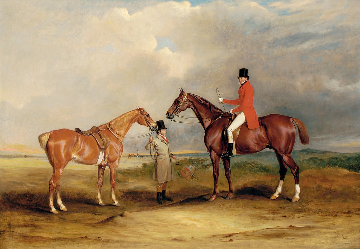 Portræt af John Drummond på en jæger med en brudgom, der holder sin anden hest, i et landskab, et jagtselskab hinsides, 1831 af John E. Ferneley