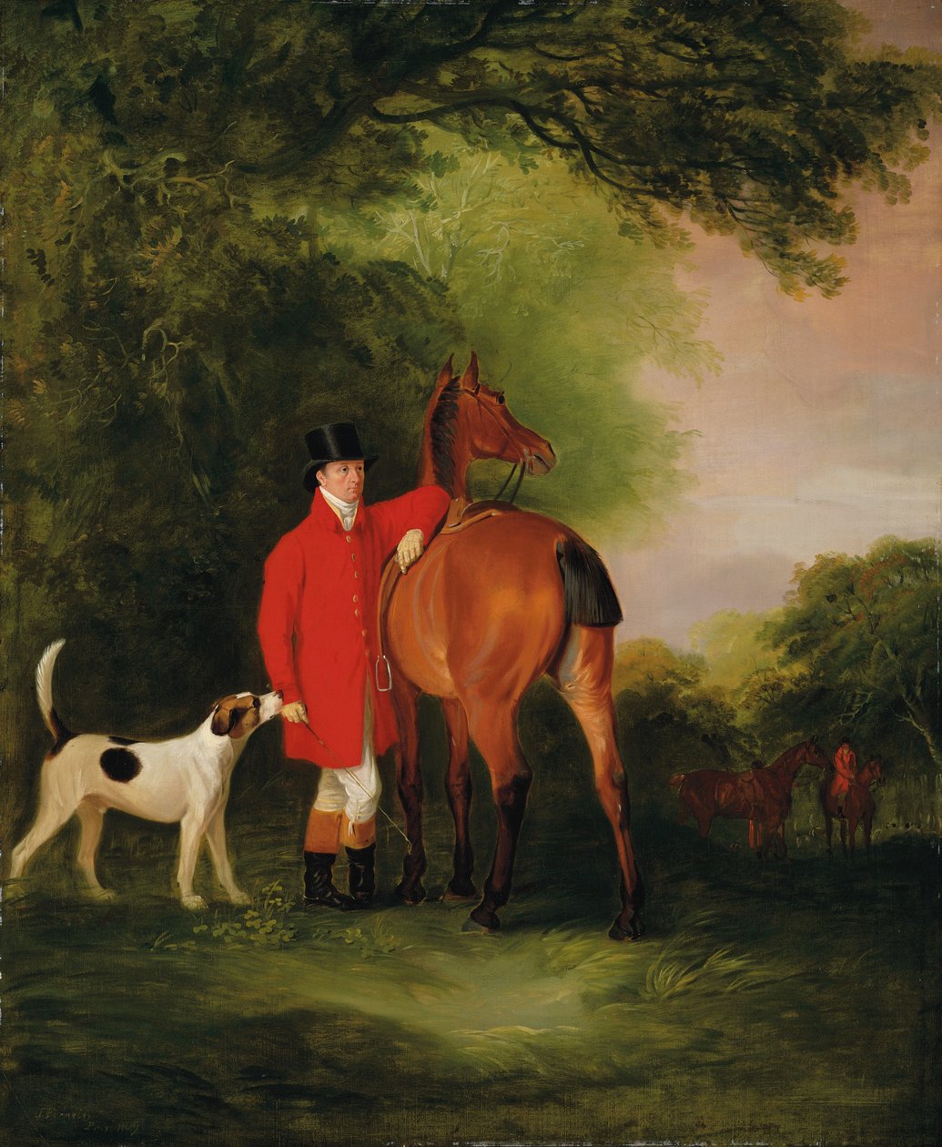 Portræt af Lord Lismore i en jagtfrakke med sin bugtjæger og en hund, i et landskab, et jagtselskab hinsides af John E. Ferneley