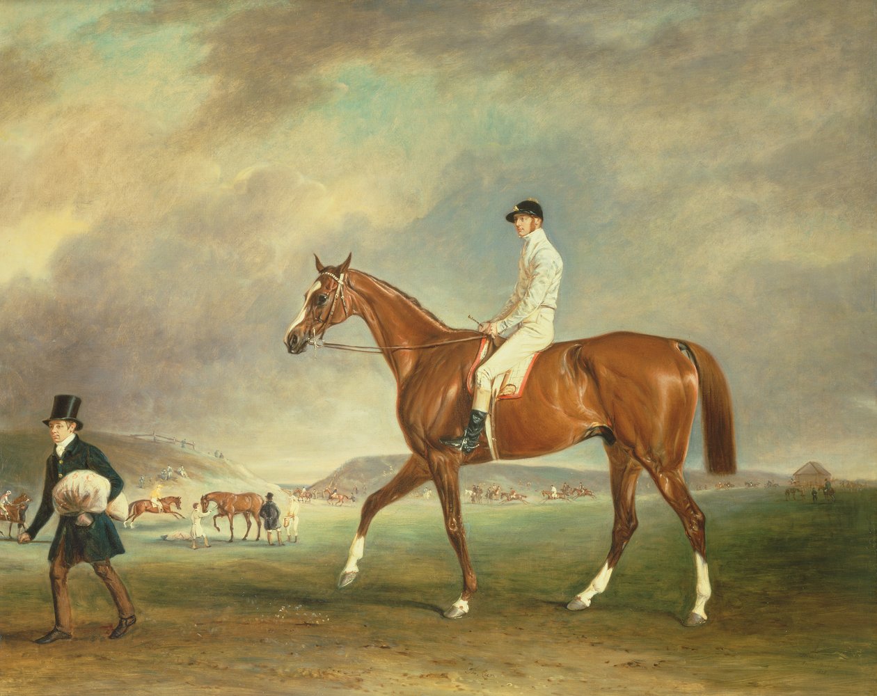 Cur-kastanjevæddeløbshest med jockey oppe på Newmarket Heath af John E. Ferneley