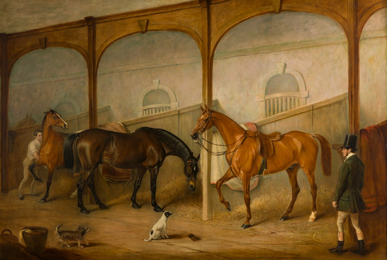 Tom of Lincoln and The Engineer in the Stables at Newport Lodge, Melton Mowbray, Leicestershire, ca. 1852 (olie på lærred) af John E. Ferneley