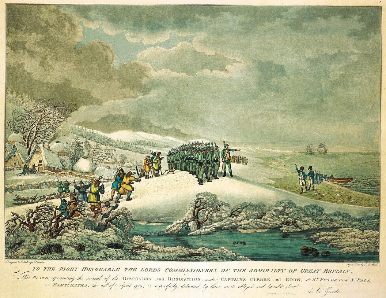 Til The Right Honorable The Lords Commissioners of Admiralty of Great Britain, denne plade, der repræsenterer ankomsten af 