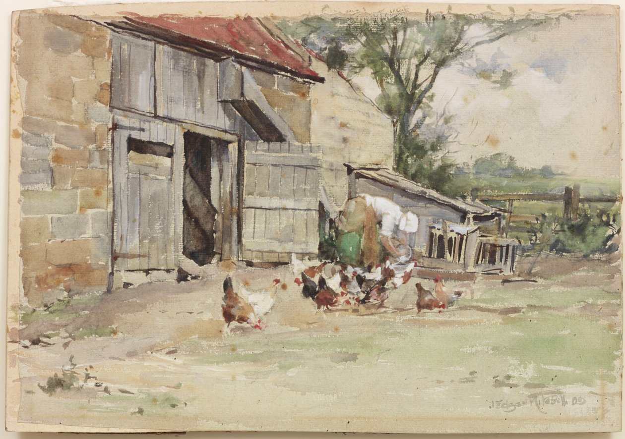 Feeding the Hens, 1909 (wc på papir) af John Edgar Mitchell