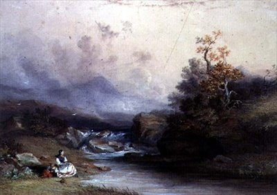 Udsigt over en bjergtorrent, med to kvindefigurer, 1800-tallet af John Edmund Buckley