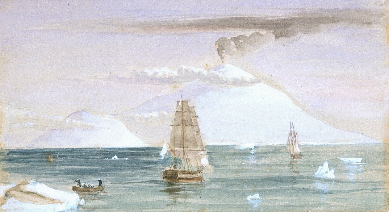 Beaufort Island og Mount Erebus. Opdaget 28. januar 1841 af John Edward Davis