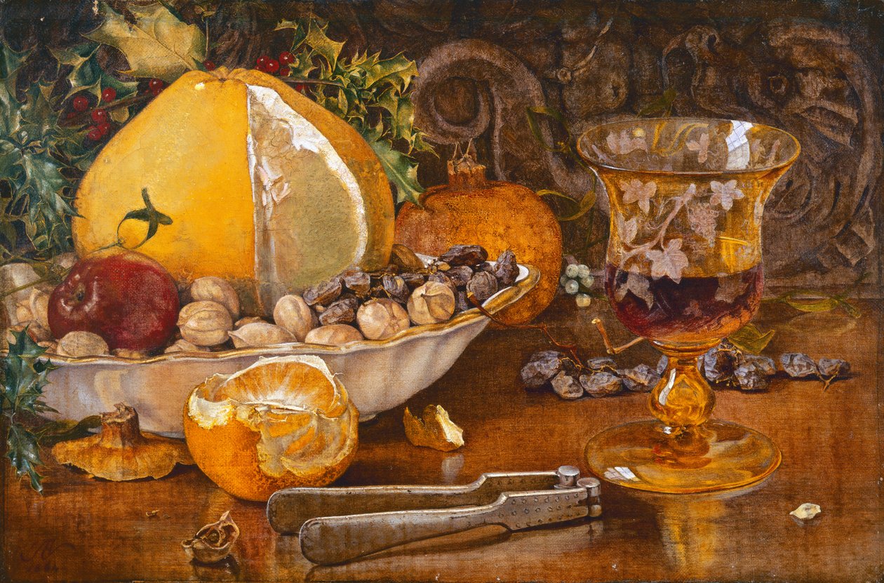 Stilleben af frugt, nødder og vinglas, 1864 af John Edward Newton