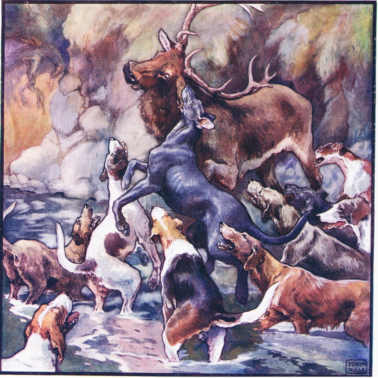 En enorm kamp fandt sted, hele flokken er over ham (farve litho) af John Edwin Noble