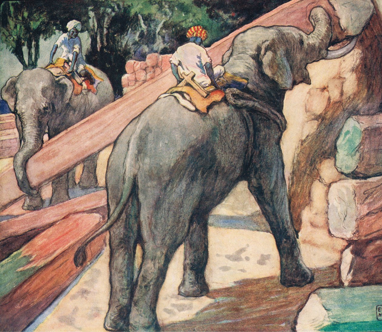 Elefanter, der håndterer logs, illustration fra 