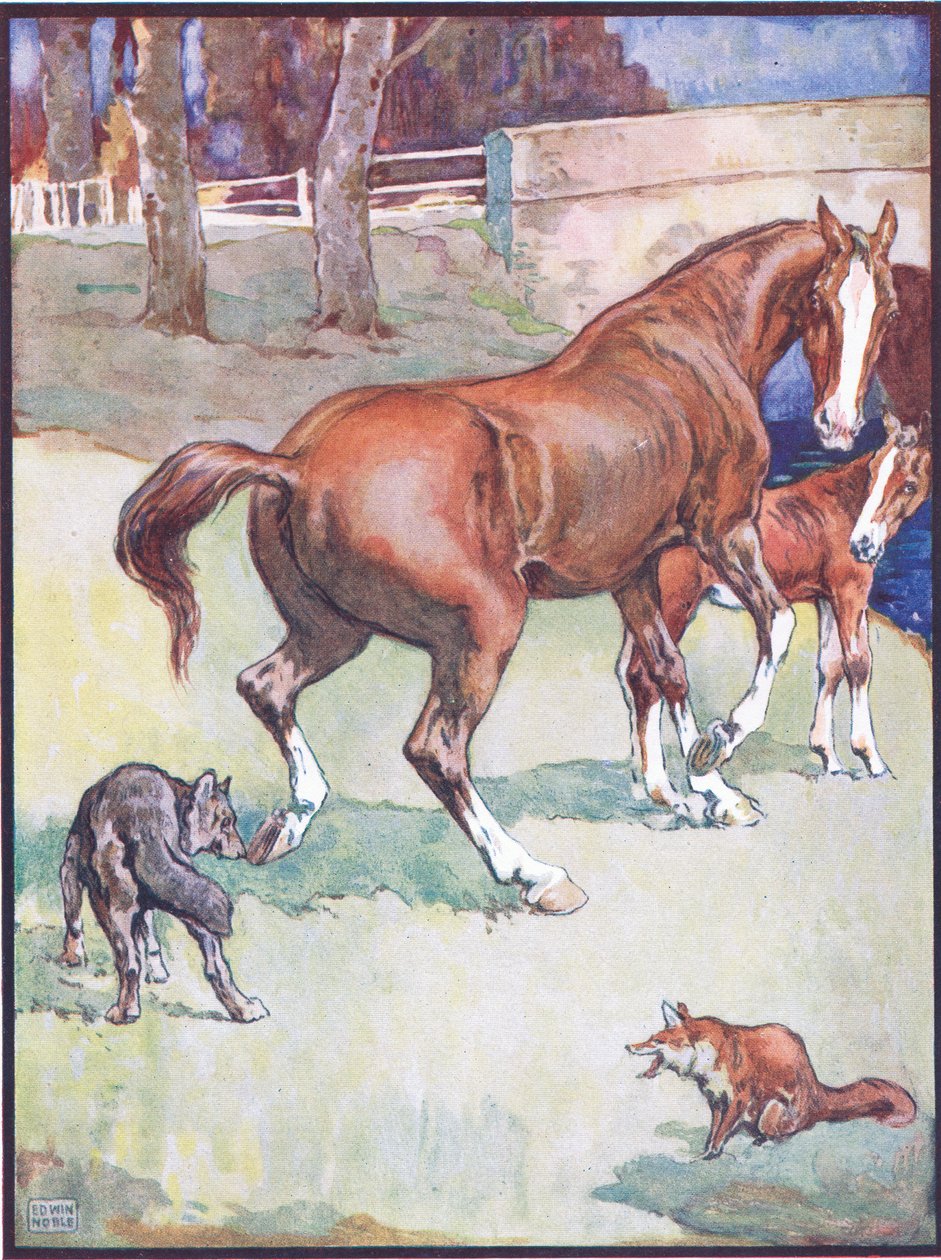 The Mare Lifted Her Hoof, illustration til Reynard the Fox, fra Animal Legends from Many Lands, udgivet af Raphael Tuck & Sons Ltd. af John Edwin Noble
