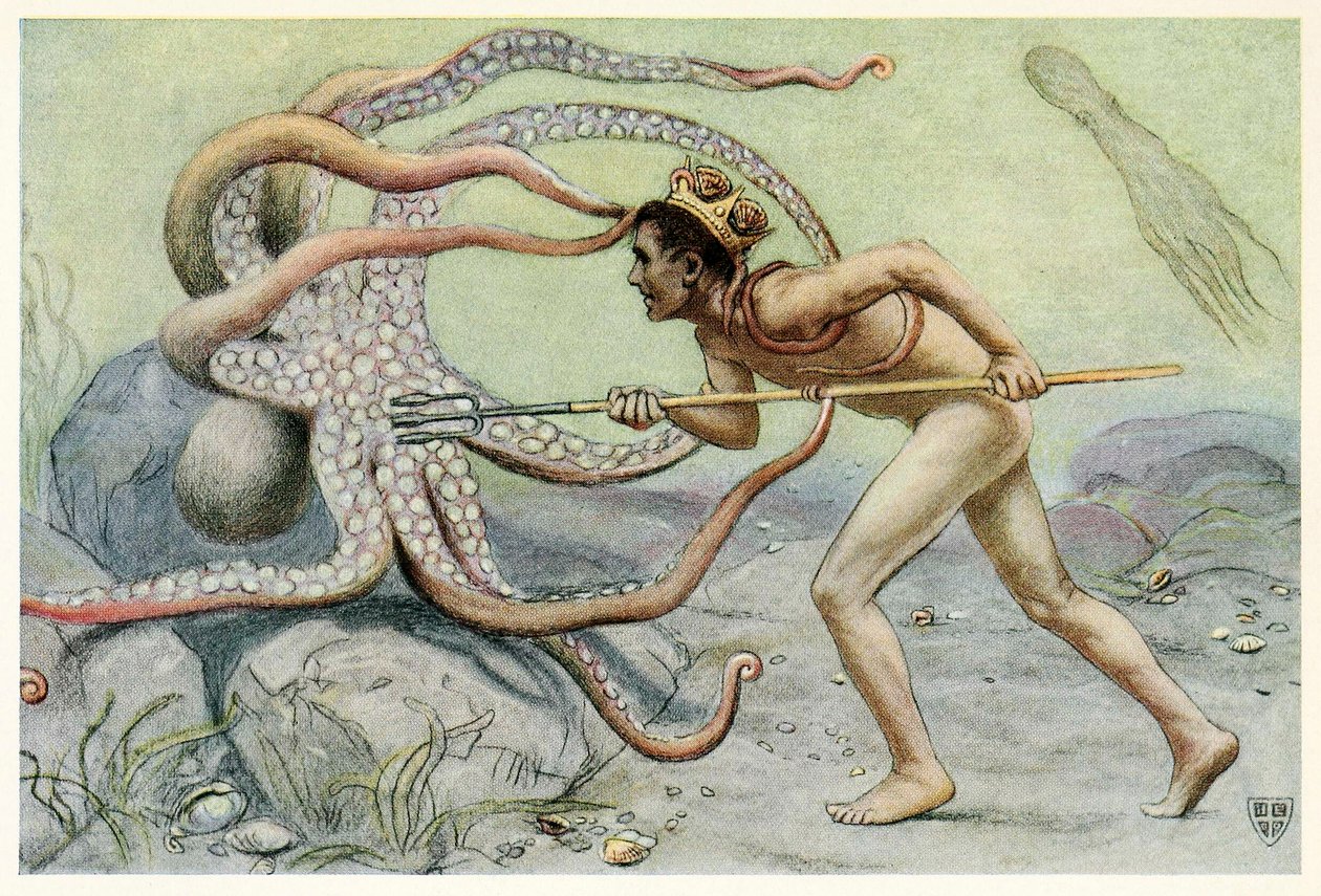 Han var meget modig og stærk … og kæmpede med den store blæksprutte fra The Great Sea Horse, 1909. af John Elliot