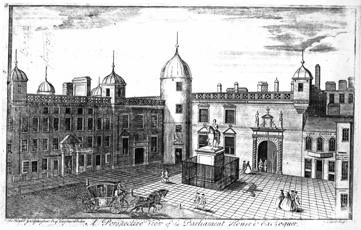 Perspektivisk billede af parlamentshuset og finanshuset i Edinburgh, graveret af A. Bell af John Elphinstone