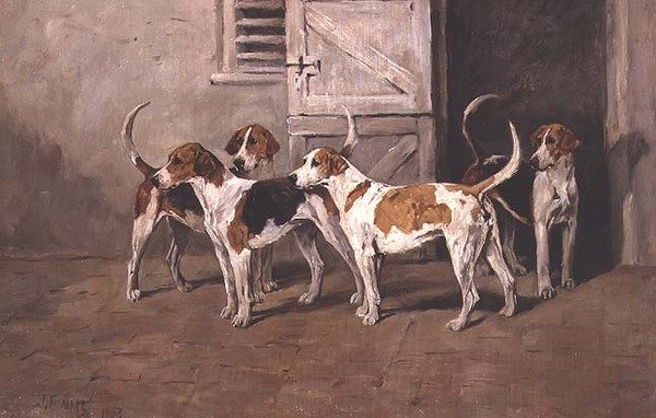 Fire Hunde ved en Stalddør af John Emms