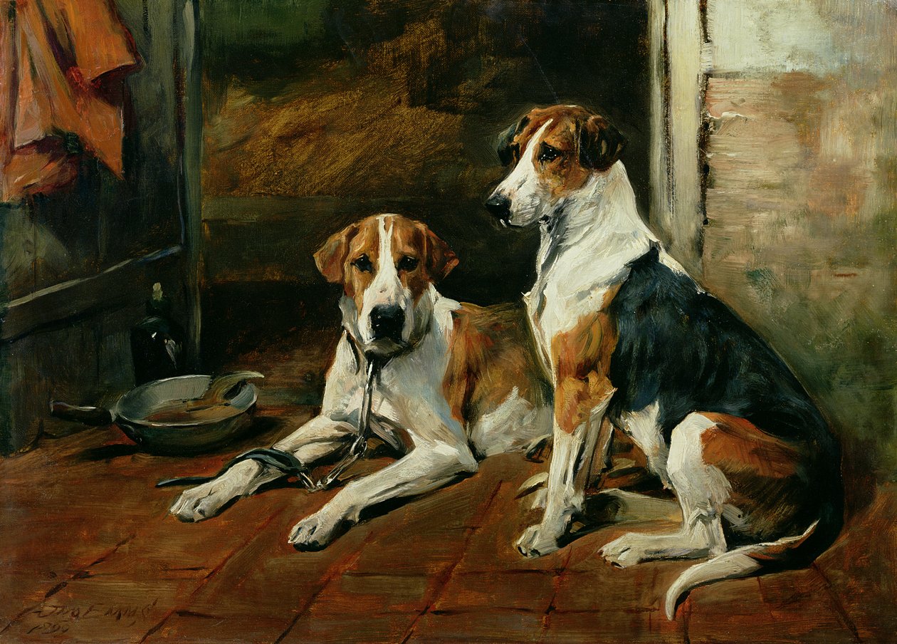 Hunde i et stabilt interiør af John Emms