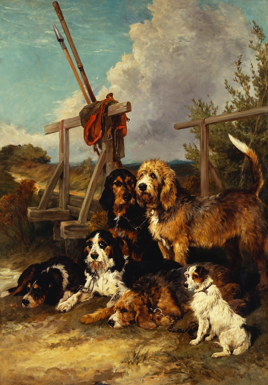 Otter Hounds by a Bridge - Træt ud, 1881 af John Emms