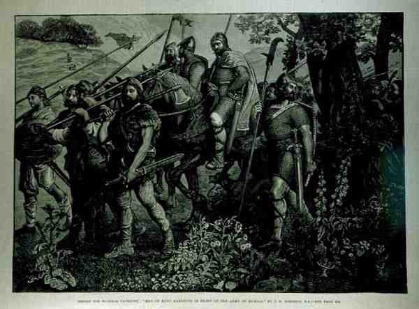 Design til Windsor Tapestry: Men of Kent Marching in Front of Army of Harold, fra The Illustrated London News, 29. april 1882 af John Evan Hodgson