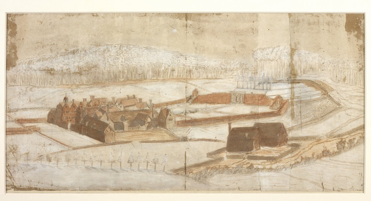 Tilføje. 78610.(h) Udsigt over Wotton med haven, grotten og omegn fra det vestlige hjørne, ca. 1650 (pen & blæk med farveblyant & vask) 215 x 435 mm  John Evelyn  1650