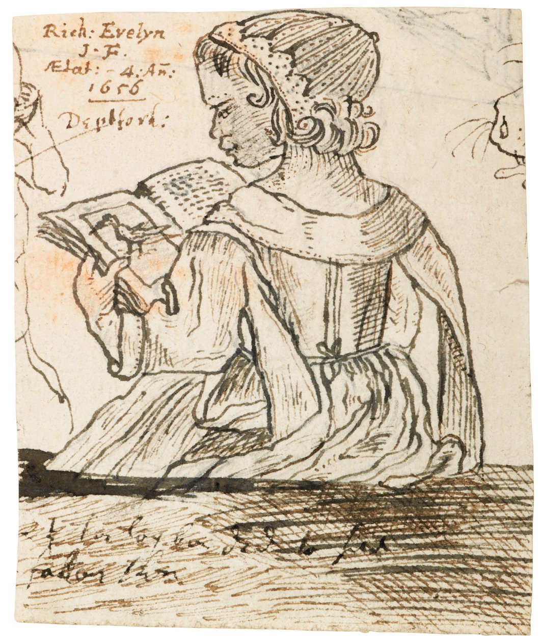 Richard Evelyn læser en naturhistorisk bog, Deptford, 1656 af John Evelyn