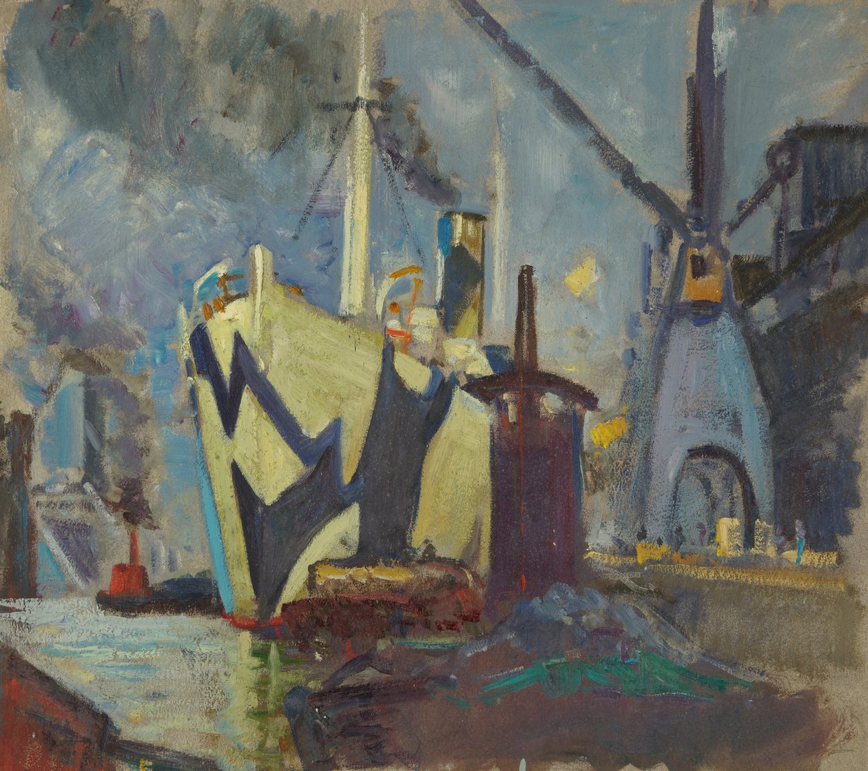 Et skib i havnen, slutningen af det 19. århundrede - midten af det 20. århundrede (olie på papir) af John Everett