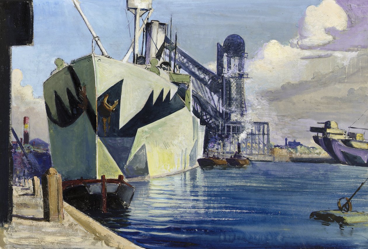 Dock Canada i Liverpool med et opankret krigsskib, malet med farverig camouflage. Maleri af Herbert Barnard John Everett (1876-1949) af John Everett