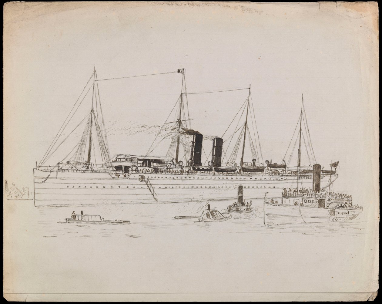 PAH1225; Dampskib nær en kyst med slæbebåd ved siden af. Passagerskib med slæbebåd og hjuldamperen Tilbury i nærheden (tegning) af John Everett