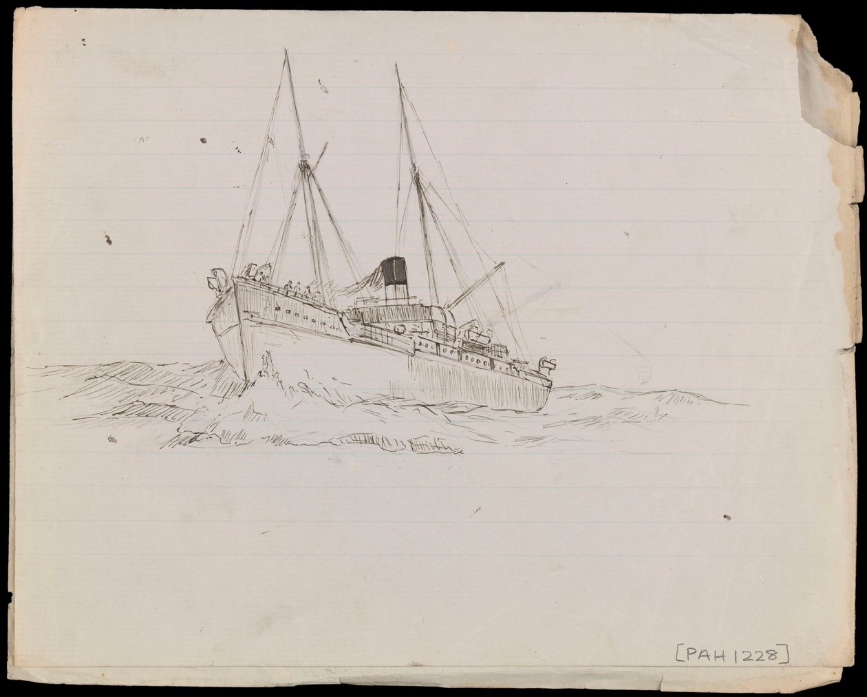 PAH1228; Skitser af et slagskib og to andre fartøjer fra Royal Navy (tegning) af John Everett