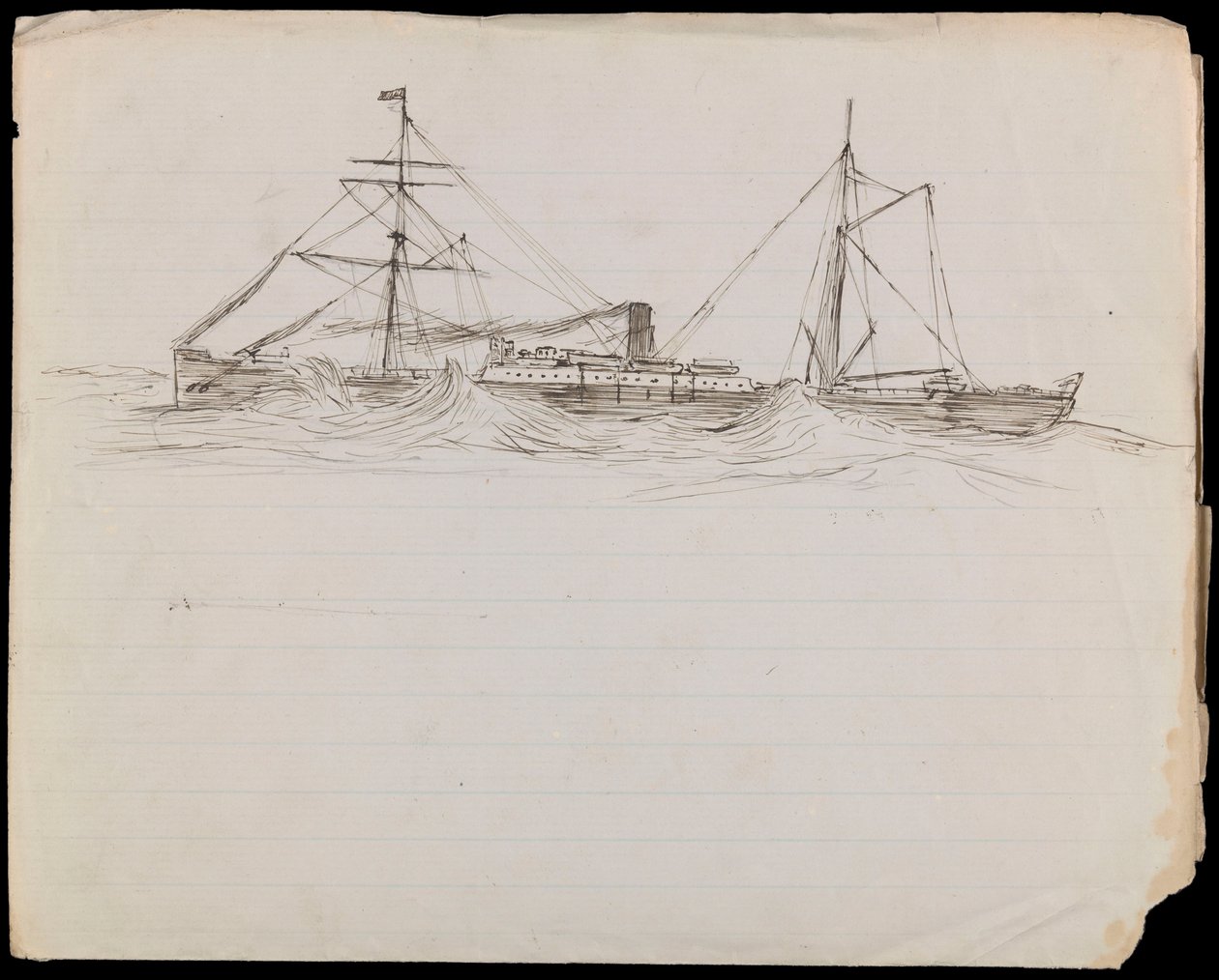 PAH1228; Skitser af et slagskib og to andre fartøjer fra Royal Navy (tegning) af John Everett