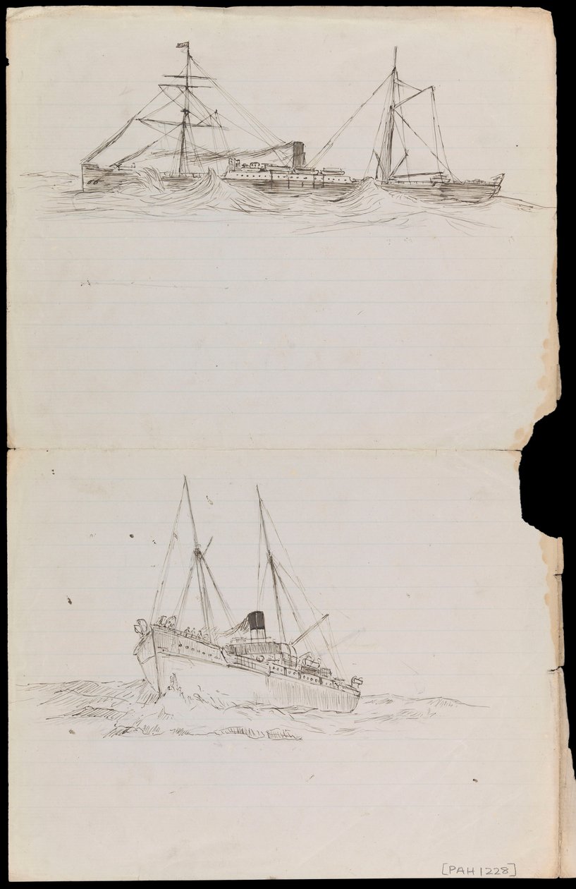 PAH1228; Skitser af et slagskib og to andre fartøjer fra Royal Navy (tegning) af John Everett