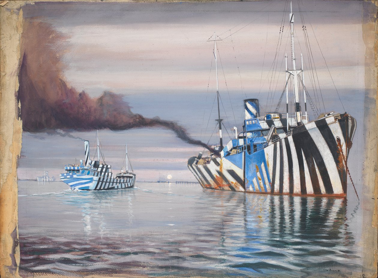S.S. Lepanto og et andet dampskib, begge blændende malet, opankret i roligt vand af John Everett