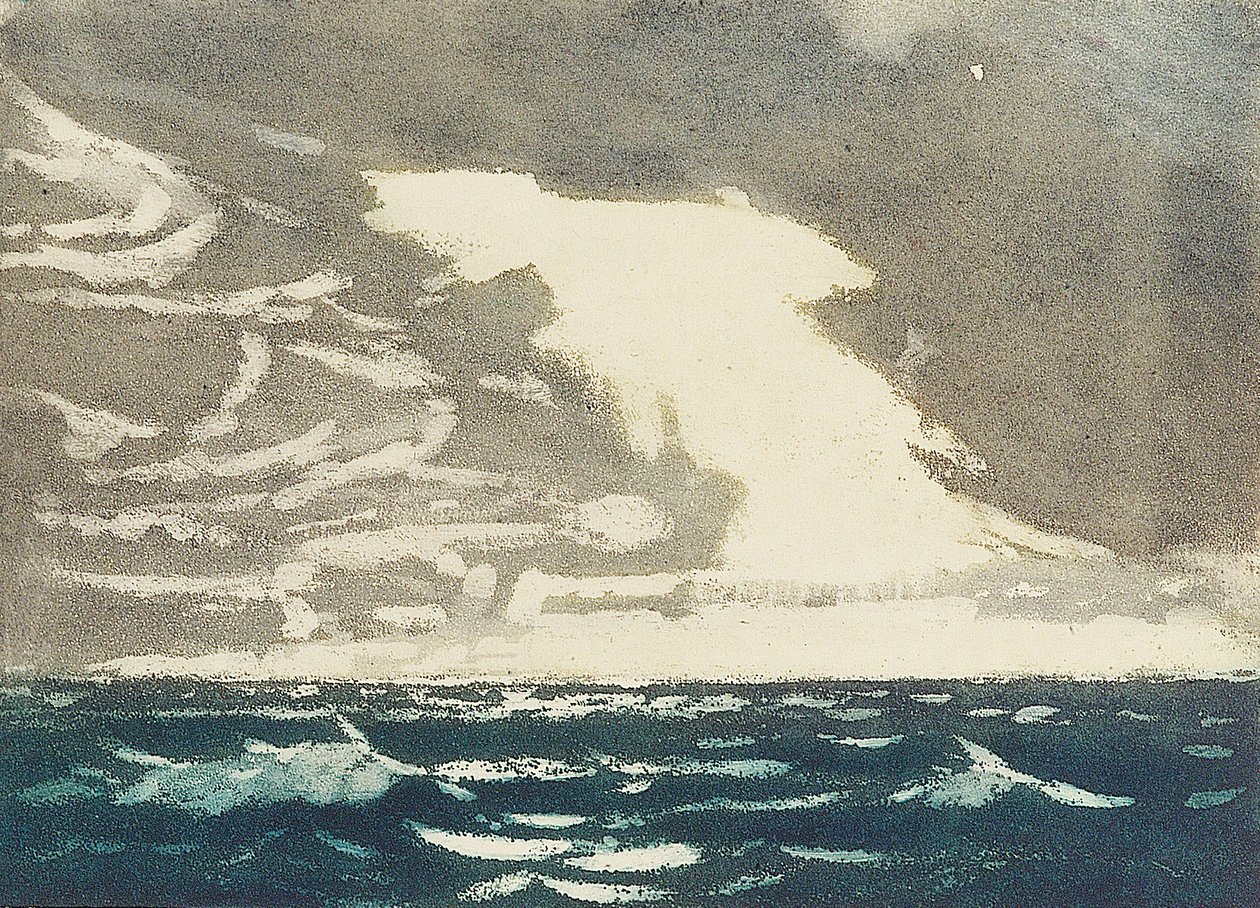 Havbillede - grønt hav og stormfuld blågrå himmel 2, 20. århundrede (farvelagt akvatinte) af John Everett