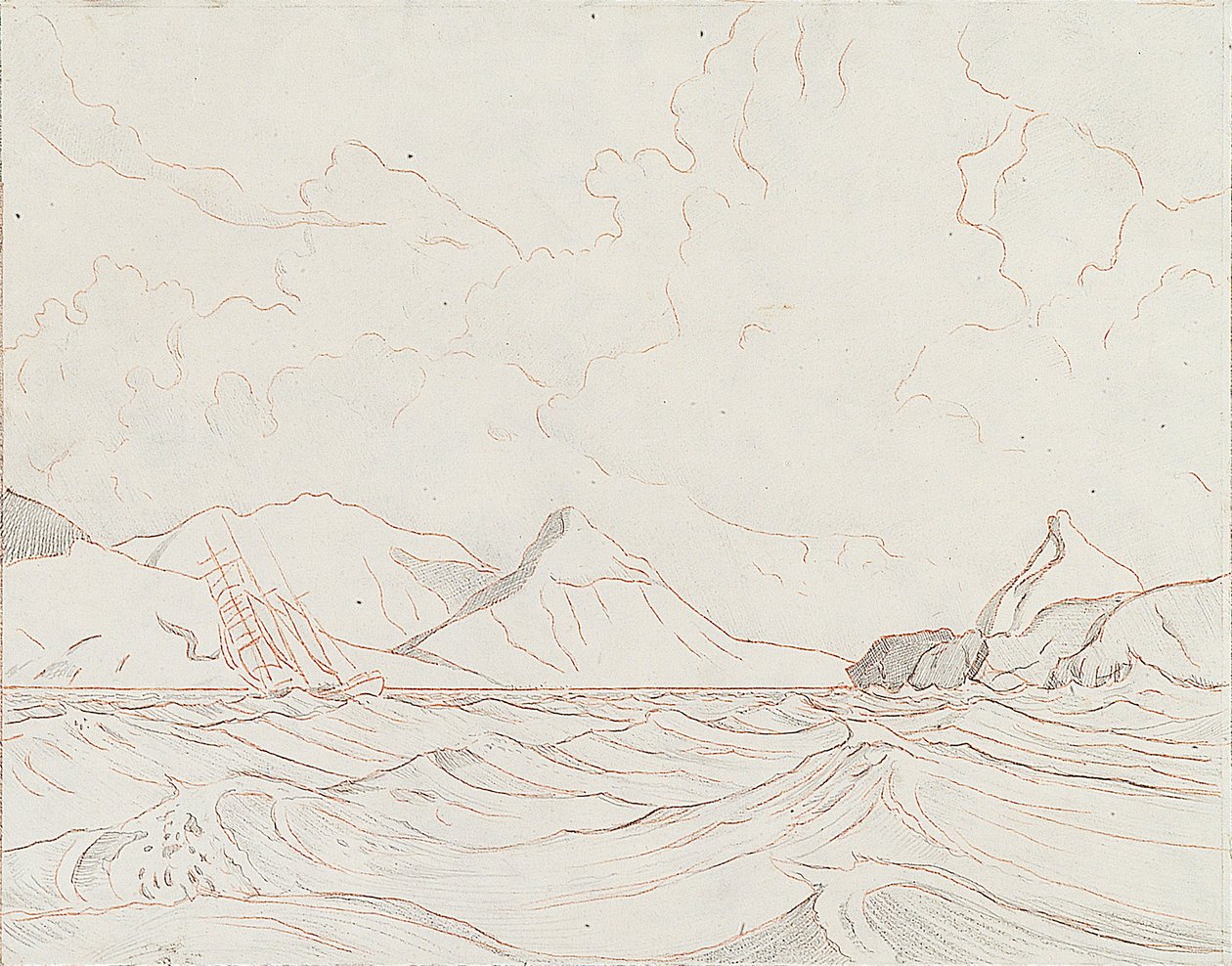 Havbillede med skib, der passerer land (1), begyndelsen af det 20. århundrede (grafit, brunt farvekridt) af John Everett