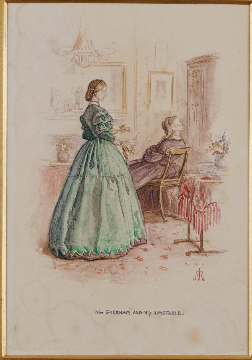 Mrs. Gresham og Miss Dunstable: En illustration til "Framley Præstegård", 1861 af John Everett Millais