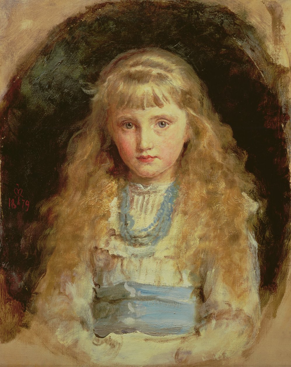 Portræt af Beatrice Caird iført en hvid kjole med blåt skærp af John Everett Millais