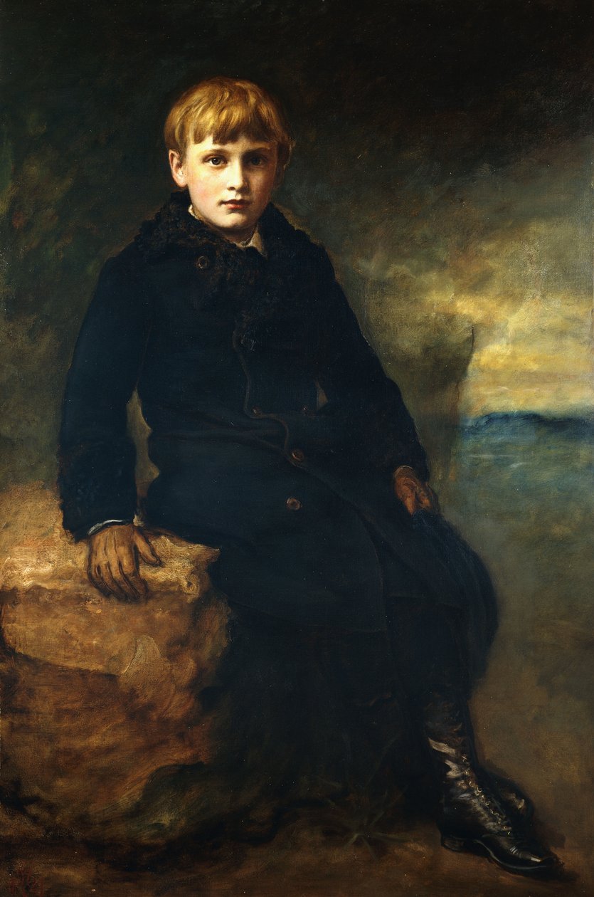 Portræt af Cecil Webb, siddende i fuld længde, iført en sort frakke med pelskrave, 1887 af John Everett Millais