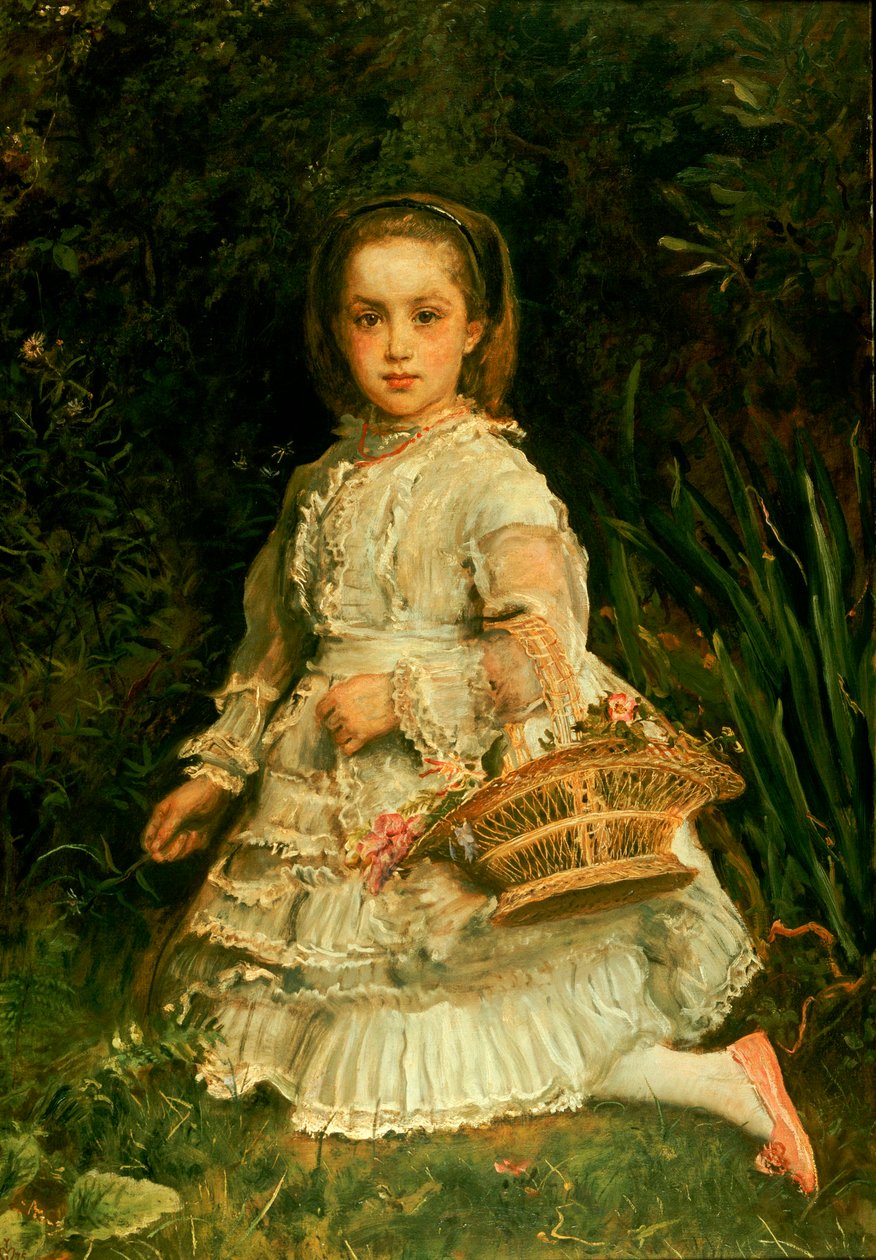 Portræt af Gracia, fuld længde, iført en hvid kjole, plukker vilde blomster af John Everett Millais