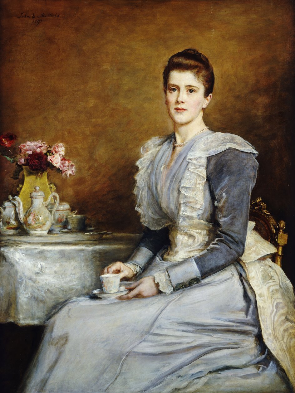 Portræt af Mrs. Joseph Chamberlain, siddende i trekvart længde ved et tebord, iført en grå og hvid kjole, 1891 af John Everett Millais