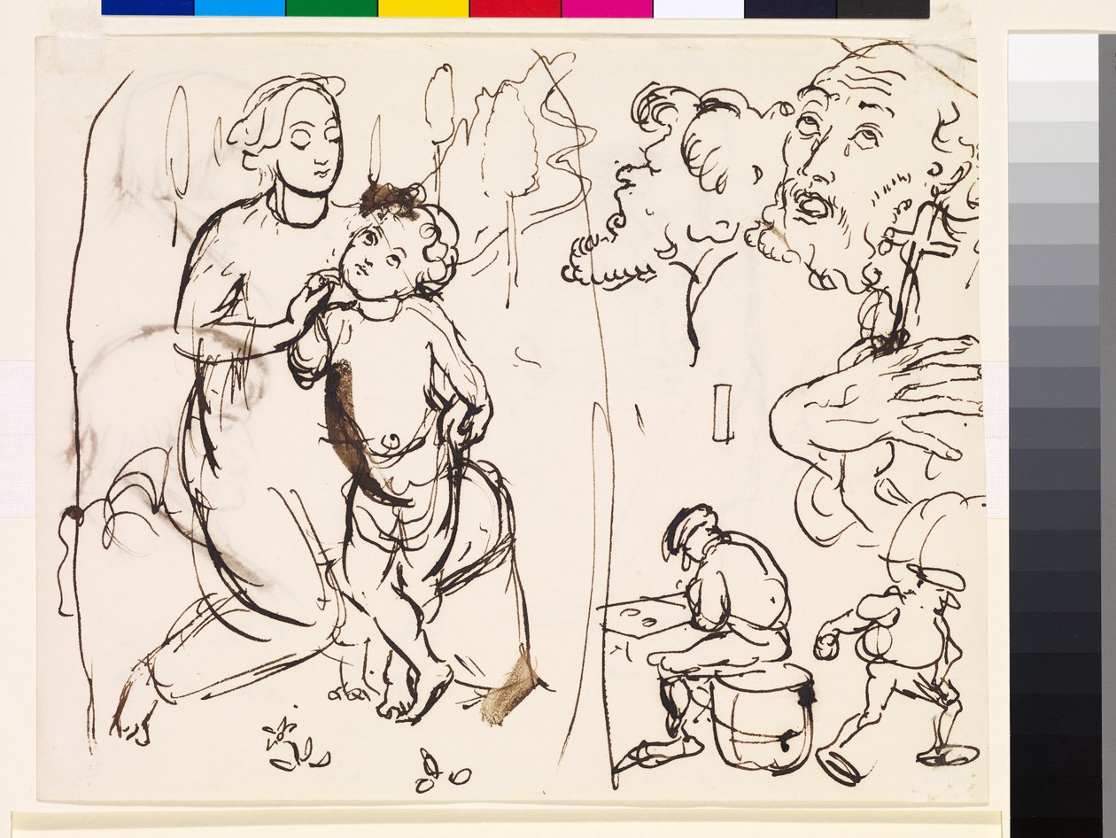 Ark med studier, der karikerer den postraphaeleske stil, 1853 af John Everett Millais